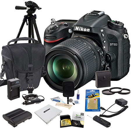 Nikon D7100 DX-format DSLR Camera with 18-105mm VR Lens - Bundle - with 32GB Cl 10 SDHC Memory Card, Spare Battery, New Leaf 3 Year (Spills & Drops) Warranty, 67mm Filter Kit, Battery Charger, Carrying Case, Cleaning Kit, SD card Case, Screen Protector, Digital Radio Remote, Tripod