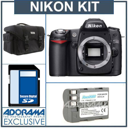 Nikon D80 Digital SLR Camera Body Kit, - Refurbished by Nikon U.S.A. - with 4 GB SD Memory Card, Spare EN-EL3e Lithium-Ion Rechargeable Battery, Nikon Gadget Bag, image