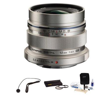 Olympus M.Zuiko Digital ED 12mm F/2 - for Micro Four Thirds System - Lens Bundle - with Tiffen 46mm Photo Essentials Filter Kit, Lens Cap Leash, Professional Lens Cleaning Kit