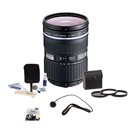 Olympus Zuiko 14-35mm F/2 Digital ED SWD Zoom Lens for E Series DSLRs - (Four Thirds System) - Bundle With 77MM Filter Kit (UV/CPL/ND2) , New Leaf 5 Year (Drops & Spills) Warranty, Cleaning Kit, Lens Cap Leash