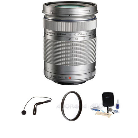 Olympus M.zuiko Digital ED 40-150mm F/4-5.6 R Camera Lens - Silver - Bundle - with Pro Optic 58mm MC UV Filter, Lens Cap Leash, Professional Lens Cleaning Kit