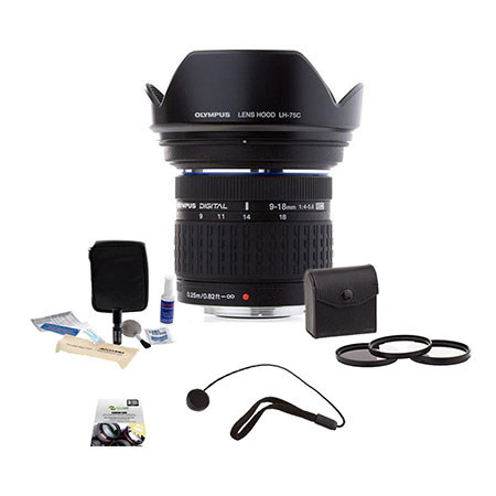 Olympus Zuiko 9-18mm f/4.0-5.6 E-ED Digital Zoom Lens for E Series DSLRs - (Four Thirds System) - Bundle With 72MM Filter Kit (UV/CPL/ND2) , New Leaf 5 Years (Drops & Spills) Warranty, Cleaning Kit, Lens Cap Leash