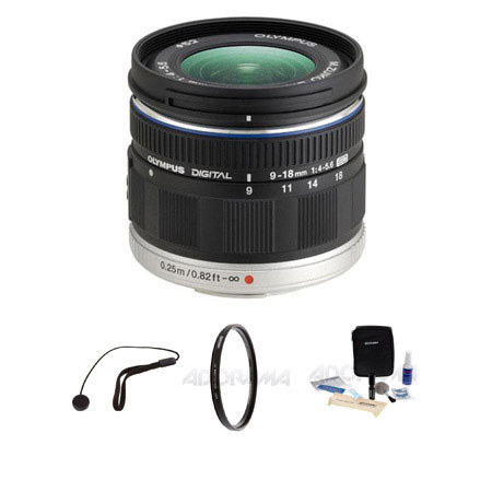 Olympus M. Zuiko Digital ED 9-18mm f4.0-5.6 Lens - Black - for Micro Four Thirds System Lens Bundle, with 52mm UV Filter, Lens Cap Leash, Professional Lens Cleaning Kit