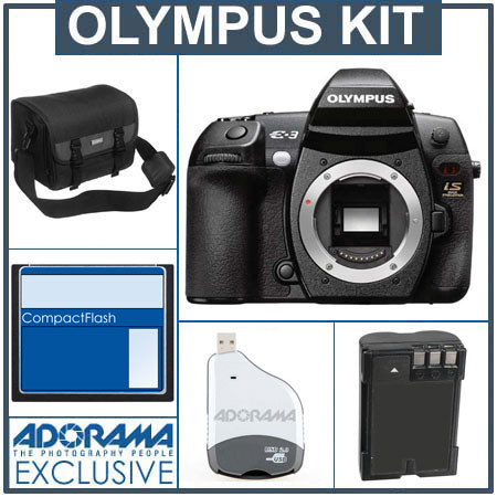Olympus Evolt E-3 10.1 Megapixel Digital SLR Camera Body Kit with 4 GB CF Memory Card, Spare BLm- 1 Lithium-Ion Rechargeable Battery, Olympus Gadget Bag. USB 2.0 Compact Card Reader image