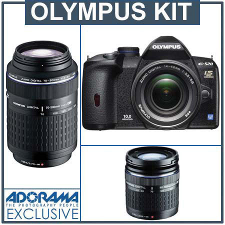 Olympus E-520 10.0 Megapixel Digital SLR Camera Body with 2.7" HyperCrystal II LCD Screen with 14-42mm Zoom Lens, 40-150mm f/4.0-5.6 Zoom Lens &amp; Zuiko 70mm - 300mm f/4.0-5.6 E-ED Digital Zoom Lens and FREE Olympus Gadget Bag image