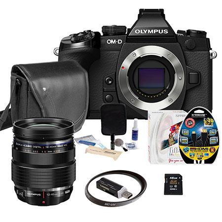 Olympus OMD E-M1 Mirrorless Micro Four Thirds Camera - Bundle - with Micro ZuikoDigital 12mm-40mm F/2.8 Zoom Lens, 16GB Class 10 UHS-1 SDHC Card, Mini-Messenger Bag, USB 2.0 Multi-Card Reader, 6' Micro HDMI to HDMI Cable, Tiffen Dfx Essentials Software, 6