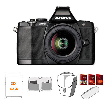 Olympus OM-D E-M5 Digital Camera - Black - Olympus M.Zuiko Digital 14-42mm II R Lens - Bundle - with 16GB SD Memory Card, Camera Case, USB Card Reader, Lens Cle