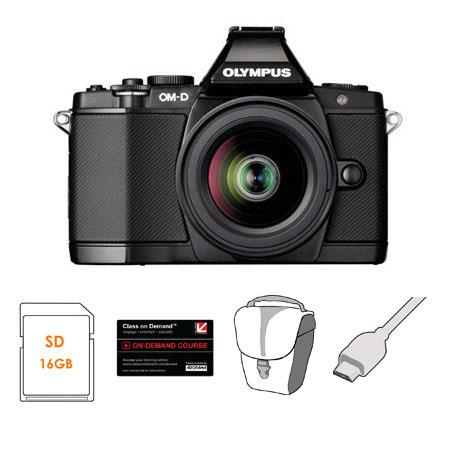 Olympus OM-D E-M5 Mirrorless Digital Camera, Black with M.Zuiko Digital 14-42mm II R Lens - Bundle - with 16GB SDHC Card, Carry Case, 6' HDMI Cable, Class On Demand Black Card
