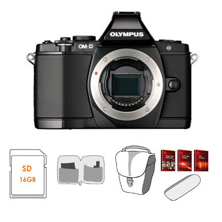 Olympus OM-D E-M5 Digital Camera Body, Black - Bundle - with 16GB SD Memory Card, Camera Case, USB Card Reader, Lens Cleaning Kit, Red Giant Adorama Production 