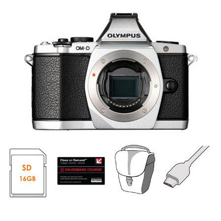 Olympus OM-D E-M5 Mirrorless Digital Camera, Silver - Bundle - with 16GB SDHC Memory Card, Carry Bag, 6' HDMI Cable, Class On Demand Black Card