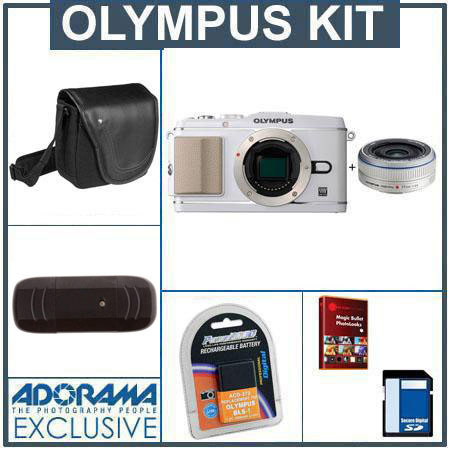 Olympus E-P3 Pen Digital Camera, White with M.Zuiko 17mm f/2.8 Silver Lens - Bundle - with 8GB SD Memory Card, Spare BLS-1 Lithium-Ion Rechargeable Battery, Cam