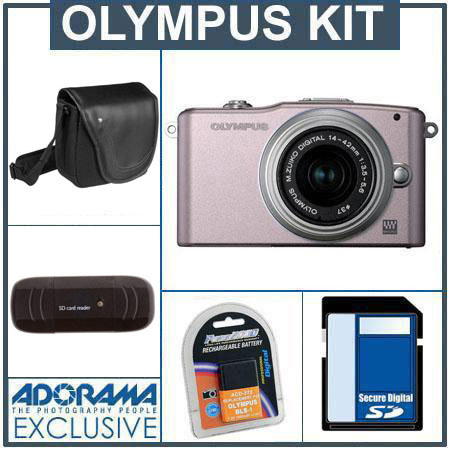 Olympus E-PM1 Digital Camera Kit - Pink - M.Zuiko MSC ED m14-42mm F3.5/5.6 II R Silver Lens, 8GB SD Memory Card, Spare BLs-1 Lithium-I n Rechargeable Battery, C