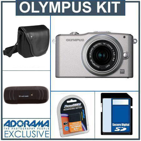 Olympus E-PM1 Digital Camera Kit - Silver - M.Zuiko MSC ED m14-42mm F3.5/5.6 II R Silver Lens, 8GB SD Memory Card, Spare BLs-1 Lithium-I n Rechargeable Battery,