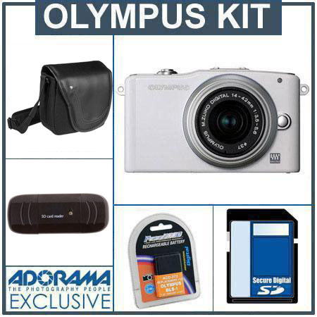 Olympus E-PM1 Digital Camera Kit - White - M.Zuiko MSC ED m14-42mm F3.5/5.6 II R Silver Lens, 8GB SD Memory Card, Spare BLs-1 Lithium-I n Rechargeable Battery, 