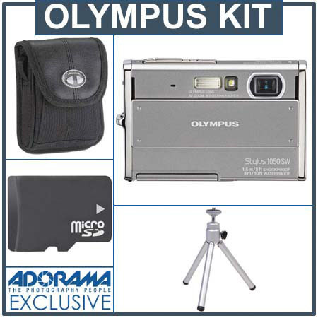 Olympus Stylus 1050 SW Digital Camera Kit, Silver with 2 GB Mirco SD Memory Card, Camera Bag. Table Top Tripod image