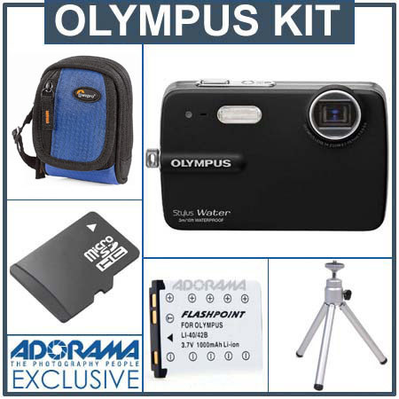 Olympus Stylus 550 Waterproof Digital Camera Kit, Black with 4 GB Micro SD Memory Card, Camera Case, Table Top Tripod, Spare LI- 42B Lithium-Ion Rechargeable Battery image