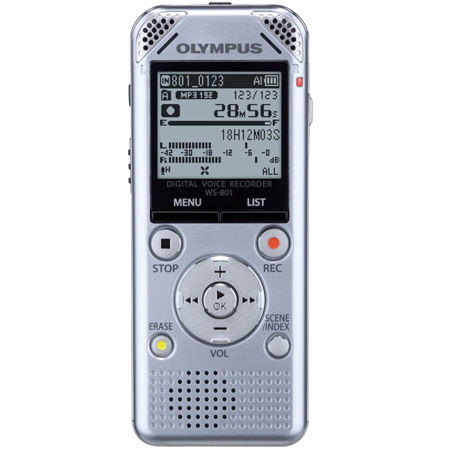 Olympus WS-801 Digital Voice Recorder with Battery, Built-in 2GB Flash Memory, MP3/WMA Stereo Recording, Silver