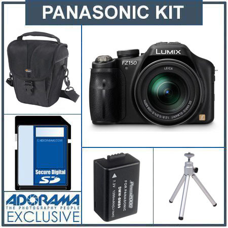 Panasonic Lumix DMC-FZ150 Digital Camera Kit - Black - with 16GB SD Memory Card, Camera Case, Table Top Tripod, Spare BMB9 Lithium Ion Type Battery