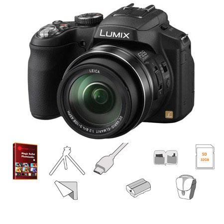 Panasonic Lumix DMC-FZ200 12.1MP Digital Camera, 25-600mm f/2.8 Leica Optical Zoom Lens - Bundle - with 32GB Class 10 SDHC Card, Lowepro Rezo TLZ-10 Bag, Spare Battery, 6' HDMI Cable, Lens Cleaning Kit, Tabletop Tripod, LCD Screen Protector, Red Giant Mag