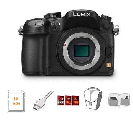 Panasonic Lumix DMC-GH3 Mirrorless Digital Camera Body Only, Black - Bundle - with 16GB Class 10 SDHC Memory Card, Camera Bag, Cleaning, 6' HDMI Cable, and Red 