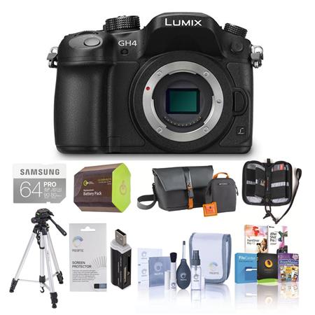 Panasonic Lumix DMC-GH4 Mirrorless Digital Camera Body Only, Black - with 4K Video Recording - Bundle With Camera Holster Bag, 64GB Class 10 SDHC Card, Spare Battery, Sunpack Tripod, New Leaf 3 Year Warranty, Cleaning Kit, Screen Protector, SD Card Case,