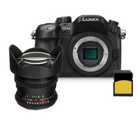 Panasonic Lumix DMC-GH4 Mirrorless Digital Camera Body Only, Black - with 4K Video Recording - Bundle With Rokinon 14mm T3.1 Cine Lens for Micro 4/3 System, 32GB Cl 10 UHS-3 SDHC Card U3 4K UHD Ready