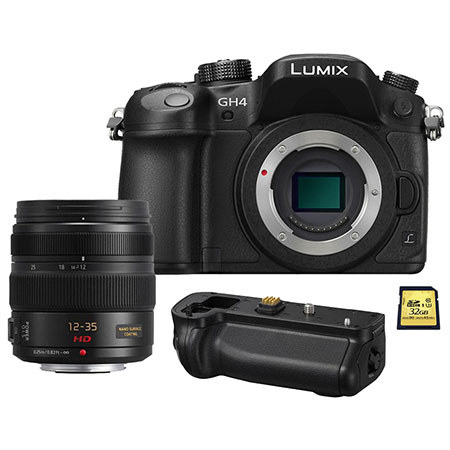 Panasonic Lumix DMC-GH4 Mirrorless Digital Camera Body, Black - Bundle With 12-35/2.8mm ASP F/Micro 4/3 System Lens, DMW-BGGH3 Battery Grip for DMC-GH4 Camera, Gold Series 32GB Class 10 SDHC Memory Card