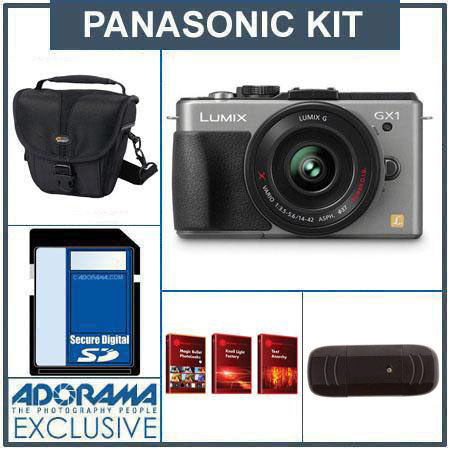 Panasonic Lumix DMC-GX1 16MP Camera Body with 14-42mm Premium X Power Zoom Lens, Silver - Bundle - with 16GB SD Memory Card, Camera Case, USB 2.0 SD Card Reader