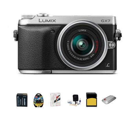 Panasonic Lumix DMC-GX7 Mirrorless Digital Camera Kit with Lumix G Vario 14-42mm/F3.5-5.6 Lens, Silver - Bundle - With 32GB Class 10 SDHC Card, Spare DMW-BLG10 Battery, Cleaning Kit, Mini HDMI Cable 6', 52MM UV Filter, Sandisk 16GB Memory Vault, Tiffen DF