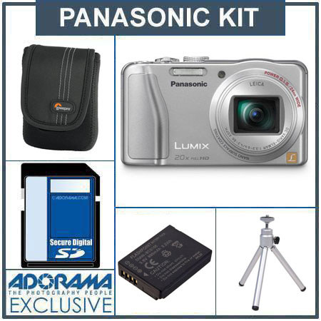 Panasonic LUMIX DMC-ZS20 14.1MP Digital Camera Kit - Silver - with 16 GB SD Memory Card, Camera Case, Table Top Tripod, Spare Battery MW BC-G10