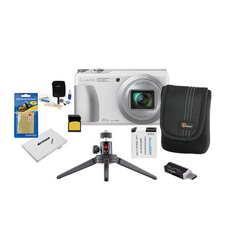 Panasonic Lumix DMC-ZS35 Digital Camera White - Bundle With Camera Case, 32GB Class 10 SDHC Card, Spare DMW-BCM13E Battery, Cleaning Kit, Screen Protector, Aluminum Table top Tripod With Ball Head, SD Card Reader, SD Card Case