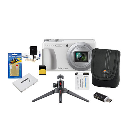 Panasonic Lumix DMC-ZS35 Digital Camera White - Bundle With Camera Case, 32GB Class 10 SDHC Card, Spare DMW-BCM13E Battery, Cleaning Kit, Screen Protector, Aluminum Table top Tripod With Ball Head, SD Card Reader, SD Card Case