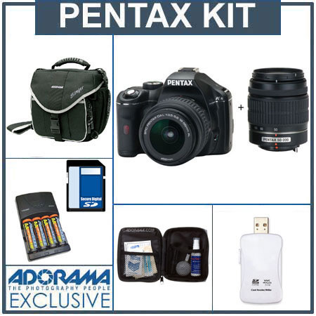 Pentax K-x Digital SLR Black Camera Two Lens Kit, with DA L 18-55mm &amp; 50-200mm Lenses, 8GB SD Memory Card, 4 AA Nickel Metal Hydride (NiMH) 2900 mAH Rechargeable Batteries with 4-Hour AA &amp; AAA Quick Charger, 110/220 volt. Slinger Camera Bag, Digital Camera &amp; Lens Cleaning Kit ,USB 2.0 SD Card Reader image