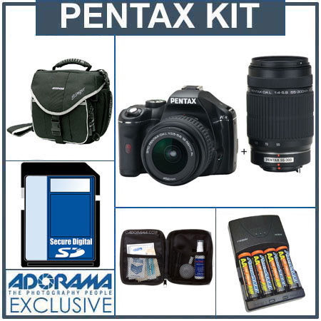 Pentax K-x Digital SLR Black Camera Two Lens Kit, with DA L 18-55mm &amp; 55-300mm Lenses, 4GB SD Memory Card, 4 AA Nickel Metal Hydride (NiMH) 2900 mAH Rechargeable Batteries with 4-Hour AA &amp; AAA Quick Charger, 110/220 volt. Slinger Camera Bag, Digital Camera &amp; Lens Cleaning Kit image