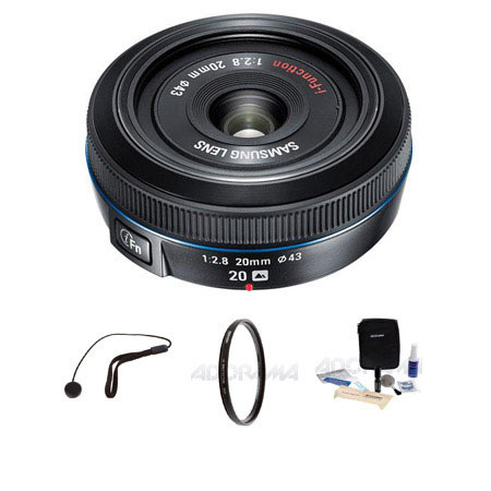 Samsung 20mm f/2.8 NX Pancake Lens for NX Series Digital Cameras - Bundle - with Tiffen 43mm UV Filter, Lens Cap Leash, Professional Lens Cleaning Kit