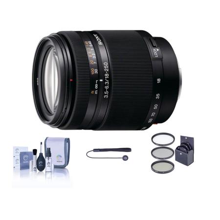 Sony 18-250mm f/3.5-5.6 DT ED a (alpha) Mount Digital SLR High Magnification Zoom Lens Kit, with Tiffen 62mm UV Filter, Lens Cap Leash, Professional Lens Cleani