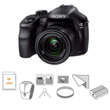 Sony Alpha A3000 Digital Camera with 18-55mm F3.5-5.6 E Mount Lens, 20.1MP - Bundle With Slinger Holster Case Black , 64GB UHS-1 Cls 10 SD Card ,New Leaf 3 year (Spills & Drops) Warr. ,Sunpack Tripod ,Repalcement Battery ,Pro Optic 49MM Dig. Filter KIT ,C