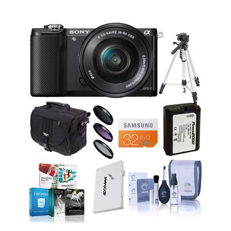 Sony Alpha A5000 Mirrorless Digital Camera with 16-50mm E-Mount Lens Black,- Bundle With 32GB Class 10 SDHC Card, LowePro REZO TLZ-10 Holster Case, Cleaning Kit, Tiffen 40.5 Filter Kit, Spare NP- FW50 Battery, Sunpack Flexpod Pro Gripper, SD Card Case