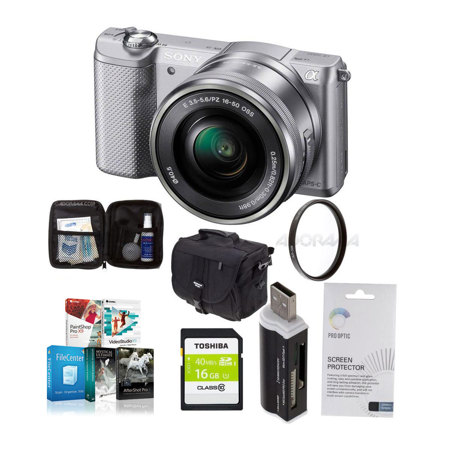 Sony Alpha A5000 Mirrorless Digital Camera with 16-50mm E-Mount Lens Silver,- Bundle With 16GB Class 10 SDHC Card, LowePro REZO TLZ-10 Holster Case, Cleaning Kit, Pro-Optic 40.5 UV MC Filter