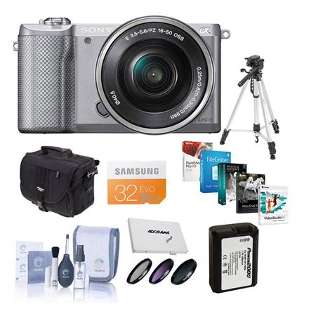 Sony Alpha A5000 Mirrorless Digital Camera with 16-50mm E-Mount Lens Silver - Bundle With 32GB Class 10 SDHC Card, LowePro REZO TLZ-10 Holster Case, Cleaning Kit, Tiffen 40.5 Filter Kit, Spare NP- FW50 Battery, Sunpack Flexpod Pro Gripper, SD Card Case