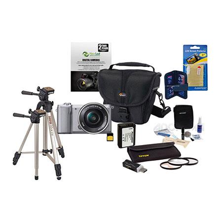 Sony Alpha A-5000 Digital Camera with 16-50mm E-MT Lens Silver - Bundle With 32GB Cl 10 SDHC Card, LowePro Holster Case, Cleaning Kit, Tiffen 40.5 Filter Kit, Spare NP- FW50 Battery, New Leaf 3 Year (Drops & Spills) warranty, Sunpack Tripod, SD Card Case,