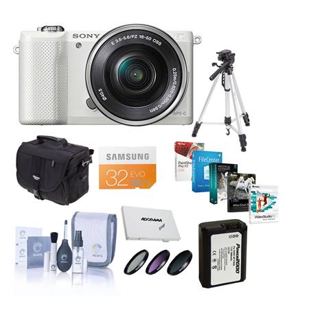 Sony Alpha A5000 Mirrorless Digital Camera with 16-50mm E-Mount Lens White,- Bundle With 32GB Class 10 SDHC Card, LowePro REZO TLZ-10 Holster Case, Cleaning Kit, Tiffen 40.5 Filter Kit, Spare NP- FW50 Battery, Sunpack Flexpod Pro Gripper, SD Card Case