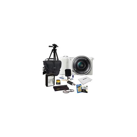 Sony Alpha A-5000 Digital Camera with 16-50mm E-MT Lens White,- Bundle With 32GB Cl 10 SDHC Card, LowePro Holster Case, Cleaning Kit, Tiffen 40.5 Filter Kit, Spare NP- FW50 Battery, New Leaf 3 Year (Drops & Spills) warranty, Sunpack Tripod, SD Card Case,