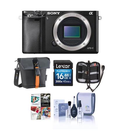 Sony Alpha A6000 Mirrorless Digital Camera Body, Black, 24.3MP, - Bundle With Slinger Holster Bag, 16 GB Class 10 HS SDHC Memory Card, Cleaning Kit, Slinger Memory Case