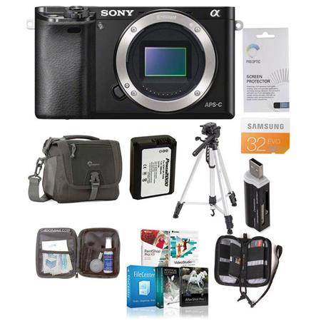 Sony Alpha A6000 Mirrorless Digital Camera Body, Black, 24.3MP, - Bundle With Slinger Holster Bag, 32 GB Class 10 HS SDHC Memory Card, Spare Battery, Cleaning Kit, Table Top Tripod, Memory Case, Glass Screen Protector