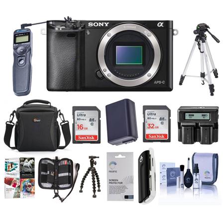 Sony Alpha A6000 Mirrorless Digital Camera Body, Black, 24.3MP, - Bundle With Slinger Holster Bag, 64 GB Class 10 HS SDHC Memory Card, Spare Battery, New Leaf 3 Year (Drops & Spills) Warranty, Cleaning Kit, Tripod, Memory Case, Glass Screen Protector, SD