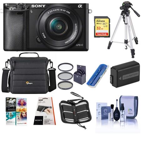 Sony Alpha A6000 Mirrorless Digital Camera with 16-50mm E-Mount Lens, Black - Bundle With Slinger Holster Bag, 32GB Class 10 SDHC Card, Spare Battery, Table Top Tripod, Pro-Optic 40.5 MC UV Filter, Tiffen 40.5 CPL Filter, Cleaning Kit, Memory Case