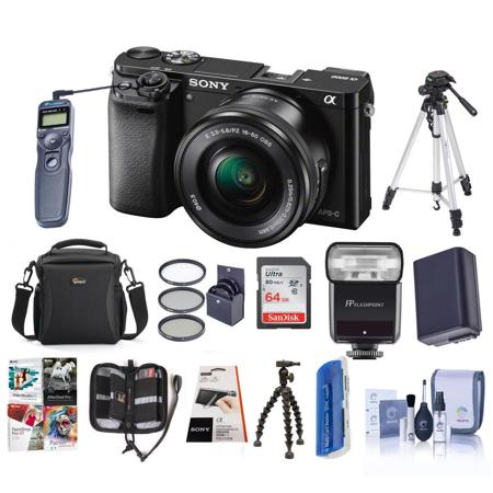 Sony Alpha A-6000 Digital Camera with 16-50mm E-Mount Lens, Black - Bundle With Slinger Holster Bag, 64GB CL 10 SDHC Card, New Leaf 3 Year (Drops & Spills) Warranty, Spare Battery, Sunpack Tripod, Pro-Optic 40.5 MC UV Filter, Tiffen 40.5 CPL Filter, Clean