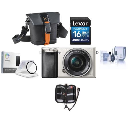 Sony Sony Alpha A6000 Mirrorless Digital Camera with 16-50mm E-Mount Lens, Silver - BUNDLE - With Camera Bag, 16GB Class 10 SDHC Card, Pro-Optic 40.5mm MC UV Filter, Cleaning Kit, and Memory Card Case