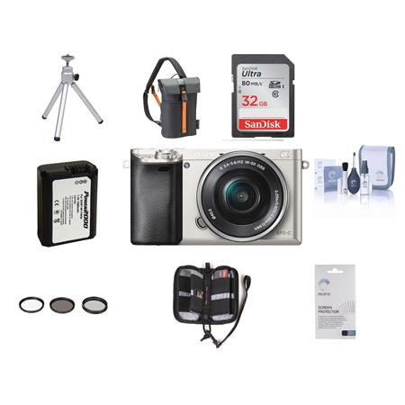 Sony Sony Alpha A6000 Mirrorless Digital Camera with 16-50mm E-Mount Lens, Silver - BUNDLE - With Camere Bag, 32GB Class 10 SDHC Card, Spare Battery, Table Top Tripod, Pro-Optic 40.5 MC UV Filter, Tiffen 40.5 CPL Filter, Cleaning Kit, and Memory Card Case
